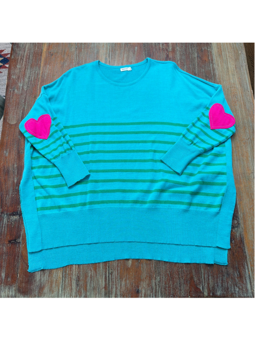 MERSEA Amour Sweater OS Turquoise Green Striped Hot Pink Heart Elbow Patches